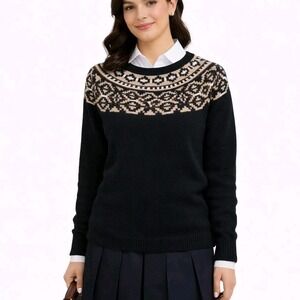 TALBOTS Size Small Black Gold‎ Metallic Fair Isle Cotton Blend Holiday Sweater